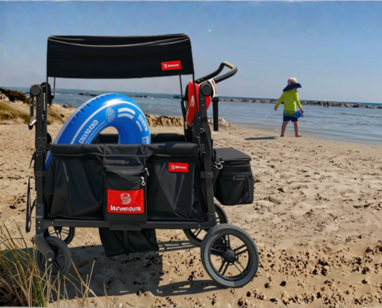 Arkonno stroller wagon on the beach with a boy walking by the water